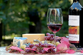 grapes, wine glass, bottle, top, table, still life, eat, drink, wine, red wine, wine bottle