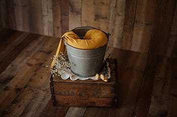newborn, backdrop, yellow, flower, bucket