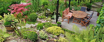 prázdný, hnědý, dřevěný, židle, stůl, střední, zahrada, terasa, zahradní design, gartendeko, zahradní architektura