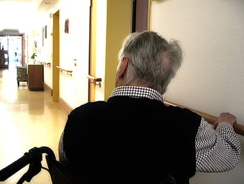 osoba, sedící, Černá, invalidní vozík, bílý, nošení, košile, starý, stáří, demence, alzheimerovou chorobou