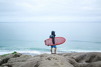 man, holding, surfboard, rock, people, surf, waves, ocean, sea, beach, vacation