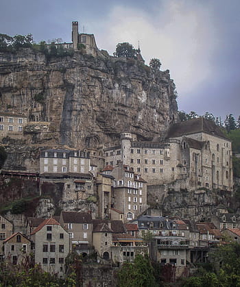 beton, Dům, zelená, listoval, stromy, rocamadour, středověký, vesnice, útes, Francie, francouzština