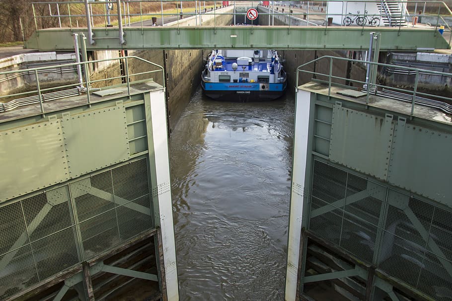 stavidlový systém, zámek, průchodu brány, motorový tanker, frachtschiff, nákladní loď, vytvořit, kotvící, rhine, Rýn plavby, kotvení