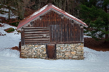 Hut, Barn, Log Cabin, Scale, Snow, winter, wood, stone, nature, architecture And Buildings, rural Scene