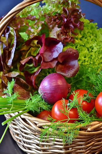 owoce pomidora, żarówka cebulowa, kosz, Sałatka, pomidory, sałatka mieszana, cebula, koper, czerwona cebula, lollo rosso, sałatka cięta