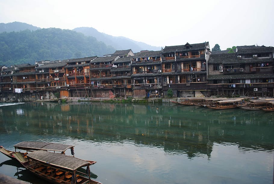 cestovní ruch, hunan, Dějiny, Čína, fenghuang, odraz, upřímný, exteriér budovy, voda, architektura, stavba
