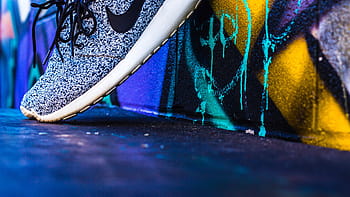 person, grey, nike, running, shoe, footwear, sneakers, wall, art, graffiti, blue