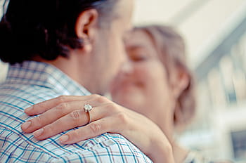 woman, wearing, silver-colored, clear, gemstone ring, hands, man, shoulder, s, hand, diamond