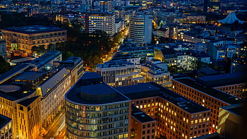Berlín, noční fotografie, dlouhé expozice, noc, panoráma, domy, budova, světlo, silnice, hlavní město, město