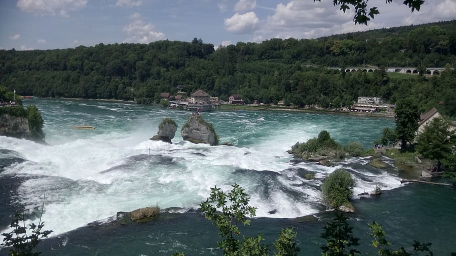 rhine, rhine falls, schaffhausen, waterfall, river, switzerland, wave, water, water masses, viewpoint, current