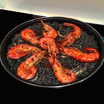 paella, černá rýže, španělské jídlo, jídlo, kreveta, Červené, Černá, plody moře, korýš, jídlo a pití, nikdo