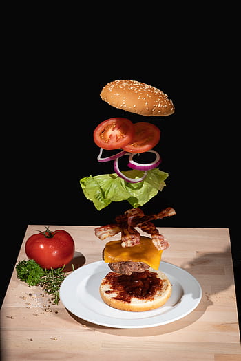 burger, hamburger, úszó, eszik, élelmiszer, friss, gyors kaja