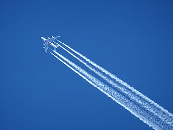 bianca, aereo, aria, contrail, cielo blu, chiaro, cielo, blu, volo, ala, volare