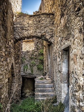 gray, stairs, walls, medieval house, building, former, wall, pierre, old village, lane, france