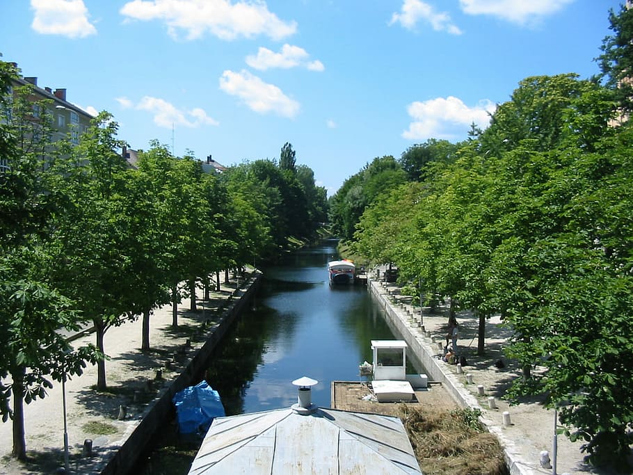 canal, centre, Lend, Klagenfurt, Austria, forest, lend canal, public domain, sky, trees, water