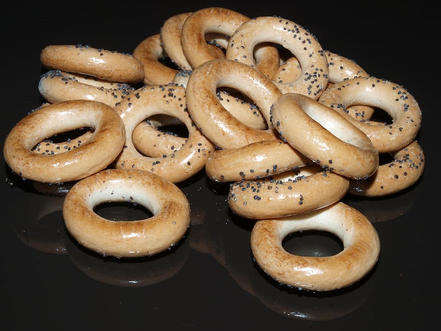 asciugandosi con un papavero, bagel, incolla i prodotti, confetteria, nutrizione, cibo, spuntino, al forno, buongustaio, Marrone