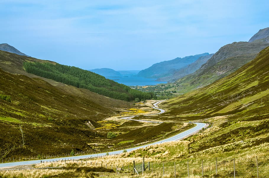 silnice, rána, větry, nebe, jezero, nebe, jezero, loch maree, voda, mraky, Příroda, krajina