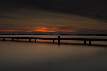dok, tělo, voda, Černá, dřevěný, západ slunce, molo, jezero, nebe, mraky, soumrak