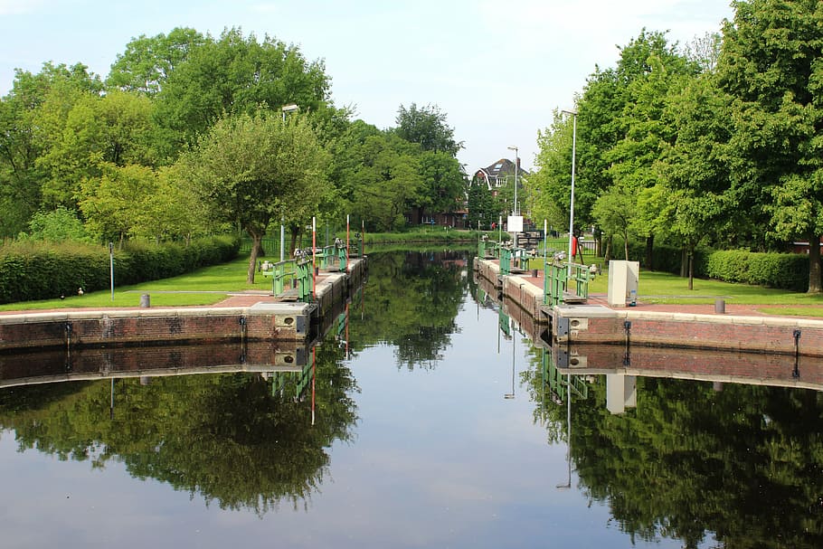 water lock, water, harbour, control, lock, nature, canal, green, secure, park, barrier