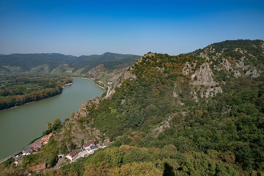 緑、 木、 青、 日当たりの良い、 空、 川、 風景、 自然、 谷、 ドナウ川、 ワッハウ