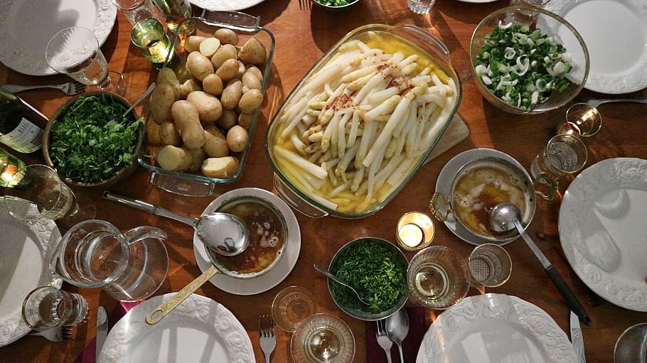 asparagus, table, potato, gedeckter table, hollandaise, asparagus dish, butter, potatoes, green asparagus, eat, cook