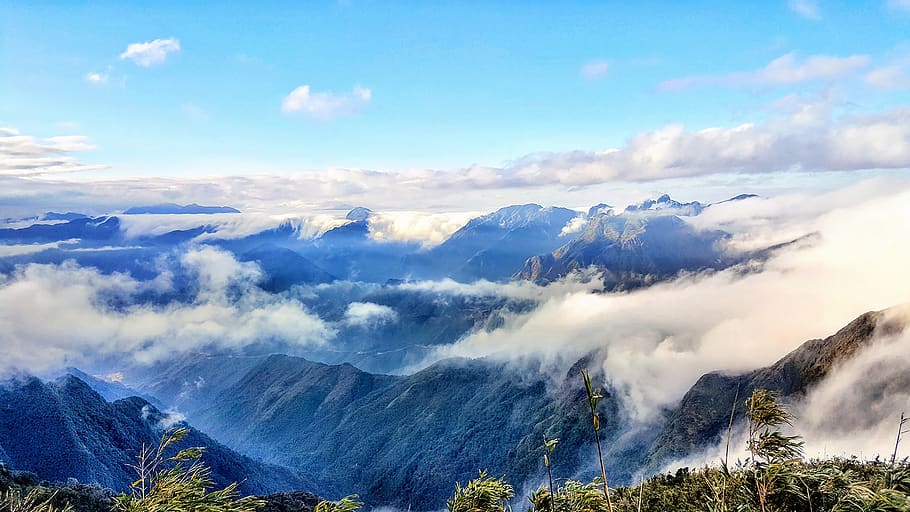 hora, fanxipan, Vietnam, turistika, trekking, přírodní, pěkný, zelená, mraky, les, kopec