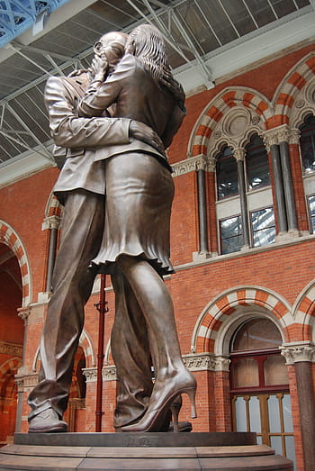 meeting place, statue, man, woman, pair, love, kiss, hugging, st pancras, station, london