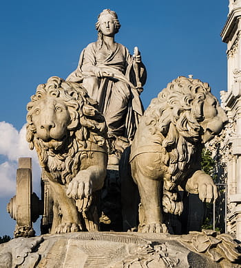 man, riding, chariot, pulled, two, lions statue, madrid, lions, stone, goddess, building