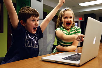 excited, laptop, Kids, boy, computer, excitement, girl, public domain, screaming, tech, technology