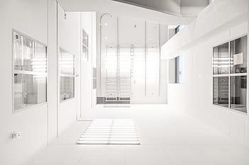 white, concrete, wall, glass window, inside, room, glass, window, indoors, architecture, modern