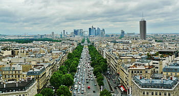 aereal photo, city, blue, cloudy, sky, paris, city view, la defense, boulevard, avenue, road
