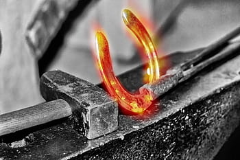 selective, color photography, horseshoe, glow, blacksmith, luck, horses, hammer, anvil, pliers, forge