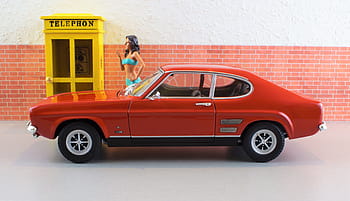 Modellauto, Ford, Capri, Modell-, Diorama, Auto, Oldtimer, Spielzeuge, Sportwagen, alt, rot