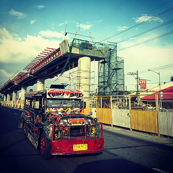 black, red, jeepney, parked, metal fence, jeep, transport, art, street art, transportation, commute
