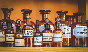lékárna, starý, lahví, lék, léčivých přípravků, chemie, hnědý, historicky, lékařský, dřevo, apothekerschrank