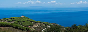 overlooking, mountain, body, water, green, blue, sea, ocean, sky, clouds, trees