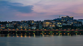 purple, sunset, river, reflection, seoul, travel, korea, south korea, city, buildings, lights