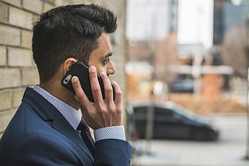 lidé, podnikání, muž, formální, zeď, infrastruktura, budova, zřízení, práce, mobilní, pohybliví, telefon