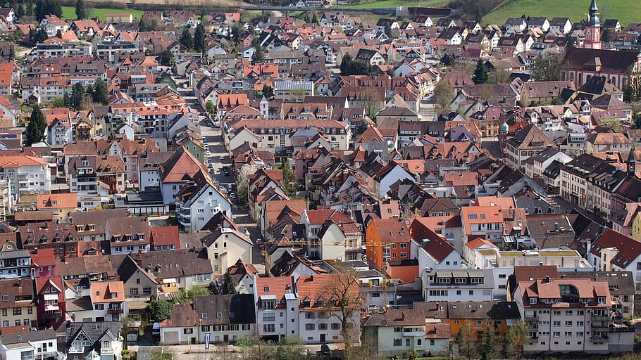 aerial, photography, Village, Waldkirch, Roofs, bird's eye view, black forest, town, homes, building exterior, cityscape