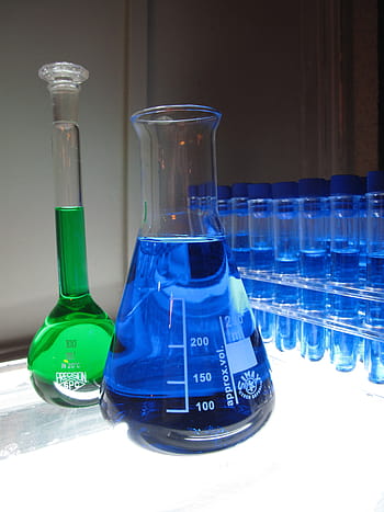 two, green, blue, liquid, filled, clear, glass containers, lab, chemistry, research, chemist