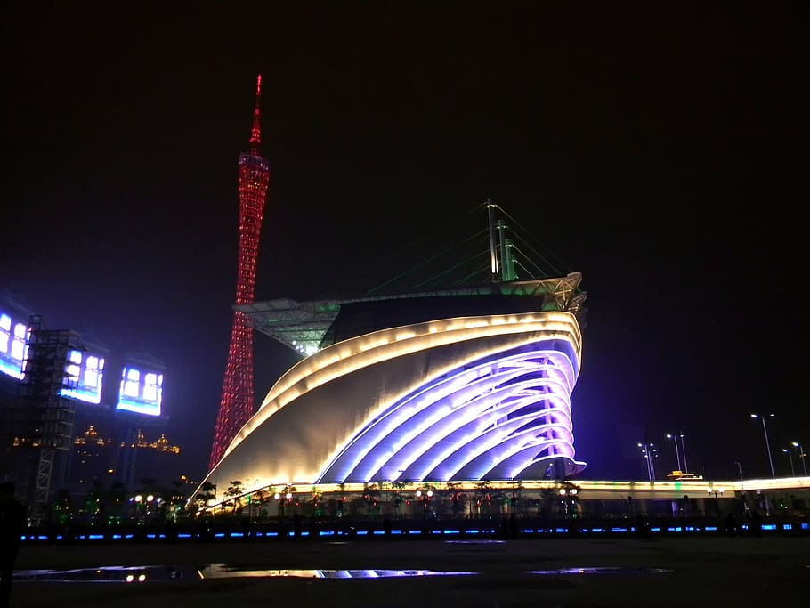 hnědý, nachový, beton, budova, Guangzhou, Čína, dům opery, noc, večer, světlo, osvětlení