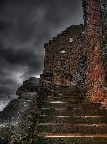 venkovní, beton, schodiště, zataženo, nebe, hrad, zřícenina, obrovský, impozantní, turistická atrakce, rytířský hrad