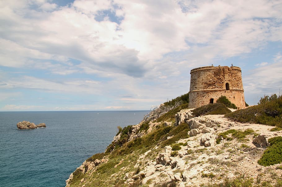building, body, water, Landscape, Nature, Summer, Away, Tower, clouds, rock formations, rock