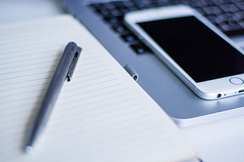 stříbrný iphone 6, macbook, šedá, klikněte, pero, horní, kompozitní, papír, vedle, iphone, kancelář