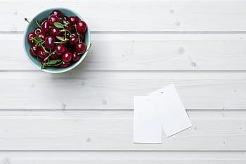 red, cherries, bowl, wooden, white, table, food, fruit, freshness, ripe, wood - Material