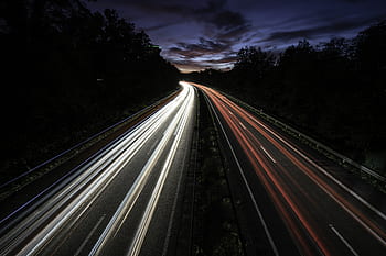 traffico, autostrada, illuminazione, strada, notte, lunga esposizione, buio, luce, guidare, veloce, movimento