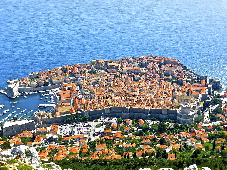 letecký, fotografování, budova, pláž, letecké snímkování, Dubrovnik, město, chorvatsko, Jadran, dalmatie, přístav