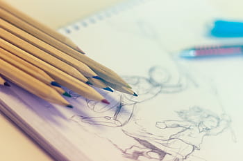 kleurpotloden, geassorteerd, gekleurde, potloden, het drukken, papier, potlood, kunst, tekening, notitieboekje, school-