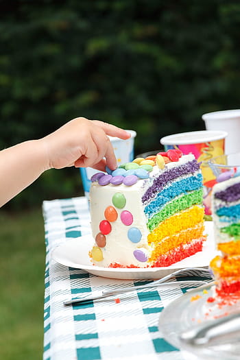 rainbow cake, birthday, cake, sweet, celebration, birthday cake, candles, children's birthday, delicious, red, blue