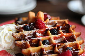 waffles for breakfast, Waffles, breakfast, food/Drink, food, dessert, fruit, gourmet, sweet Food, strawberry, close-up